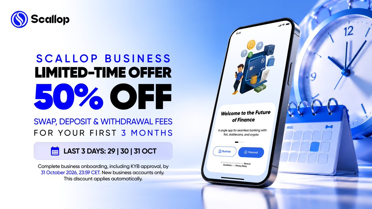 Scallopcom's tweet photo. Time is ticking. ⏳

Onboard your business now and save 50% on swap, deposit &amp; withdrawal fees for your first 3 months.

Offer ends 31 Oct 2026. https://t.co/nVbGxLZcb0