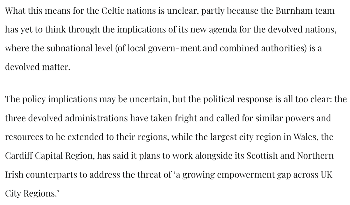 Joe___Allen's tweet photo. Good short paper on how devo now being driven by N England &amp; not the celtic nations.

Touches on "empowerment gap" for city regions outside Eng (more concrete after yesterday's Fiscal Devo Roadmap)

Incredible in this context Welsh Lab have gone silent on national devo question. https://t.co/MVnRpbe5hn