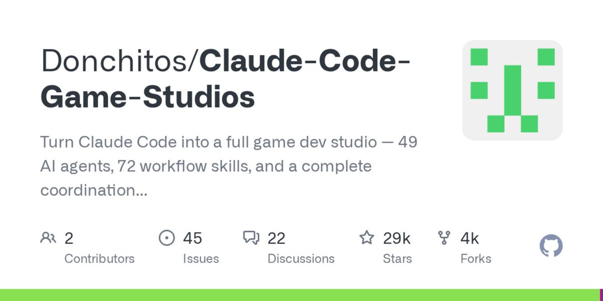 aitrendings's tweet photo. Donchitos/Claude-Code-Game-Studios
💻 Shell
#SoftwareArchitecture #Shell #OpenSource #AIAgents
🔗 https://t.co/HNpcHdlKO3 https://t.co/1kc7VEbSh5