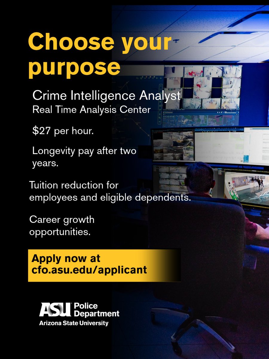 ASUPolice's tweet photo. Choose your purpose with ASU Police.

We’re hiring a Crime Intelligence Analyst to join our Real-Time Analysis Center. Put your analytical skills and experience to work. 

Apply by Nov. 11 at https://t.co/l1WcnLaRaR

#ASUPolice #ChooseYourPurpose #NowHiring #ASUJobs https://t.co/4Eejgs4FkU