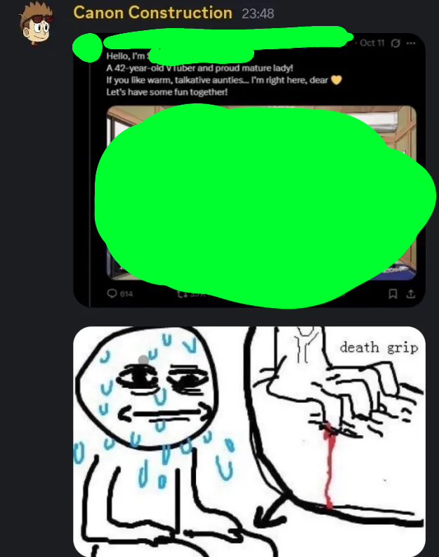 ItsjustDeli's tweet photo. "Outfreak" is an understatement. He's posted a bunch of lewd jokes about "holding it in" regarding multiple Vtubers. It's nothing new. But it sure is weird looking back at it. https://t.co/P1kgen6Sod