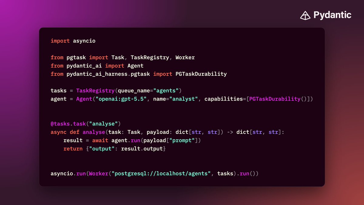 marcelotryle's tweet photo. pgtask: durable tasks and workflows that live entirely in PostgreSQL 🐘

- No broker, no coordinator, no extension
- Enqueue inside your own transaction
- Pydantic AI agents survive crashes with PGTaskDurability

https://t.co/Lp9BBjH0qU https://t.co/uPl4SHyepT