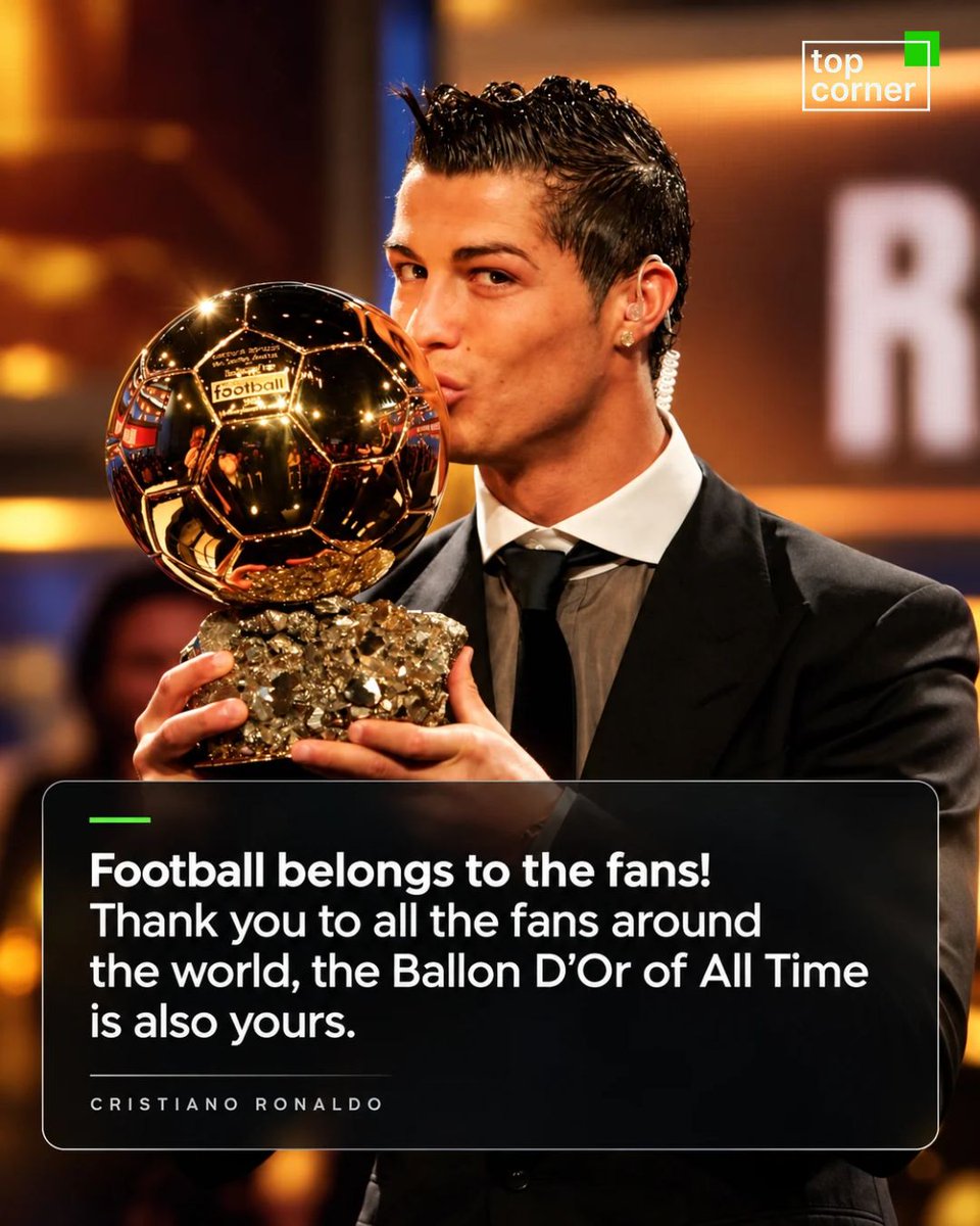 _topcorner's tweet photo. A special thank-you from CR7 as he celebrates his Ballon d’Or of All Time. ❤️

#CristianoRonaldo #CR7 #BallonDor https://t.co/714YqeZfdx