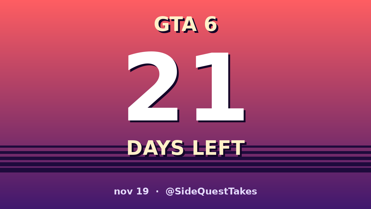 SideQuestTakes's tweet photo. gta 6: 21 days left

the score drops on vinyl dec 11, three weeks after launch. rockstar knows it'll be stuck in our heads by then and we'll pay for it twice https://t.co/R2fl2CCw7g