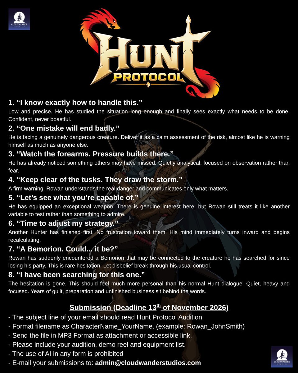 LordMithius's tweet photo. Fellow VAs, @CloudWanderStds requires 2 voices in the roles of the protagonists Rowan and Tali!

Do note that this is an unpaid/voluntary opportunity.

Character bios in the comments.

#castingcall #voiceactorswanted #indiegamedeveloper #openauditions https://t.co/qvX2I41hxS