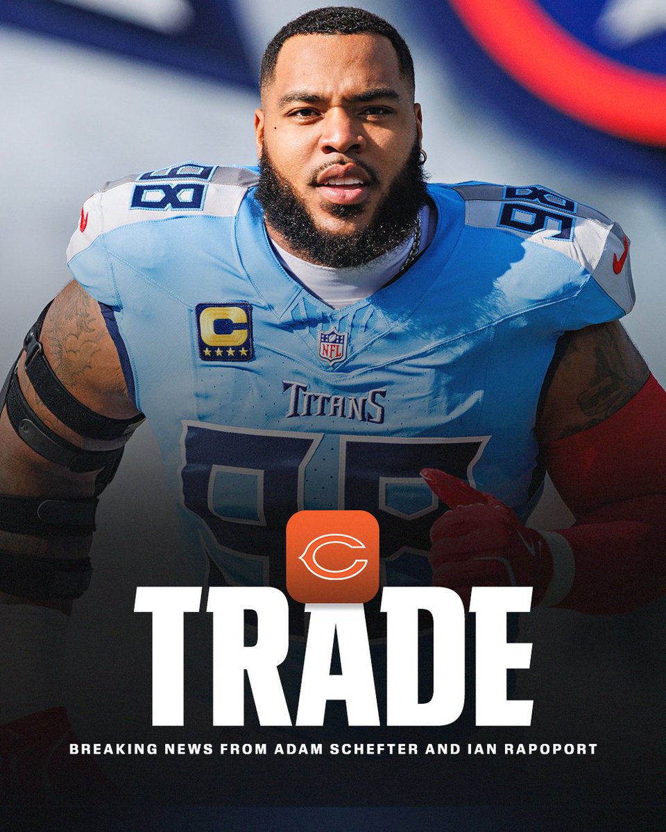 espn's tweet photo. Breaking: The Titans are trading All-Pro DT Jeffery Simmons and a 2028 fifth-round pick to the Chicago Bears, sources tell @AdamSchefter and @RapSheet.

Tennessee will receive 2027 and 2028 first-round picks and a 2027 fourth-round pick. https://t.co/RQoJk6eKHi