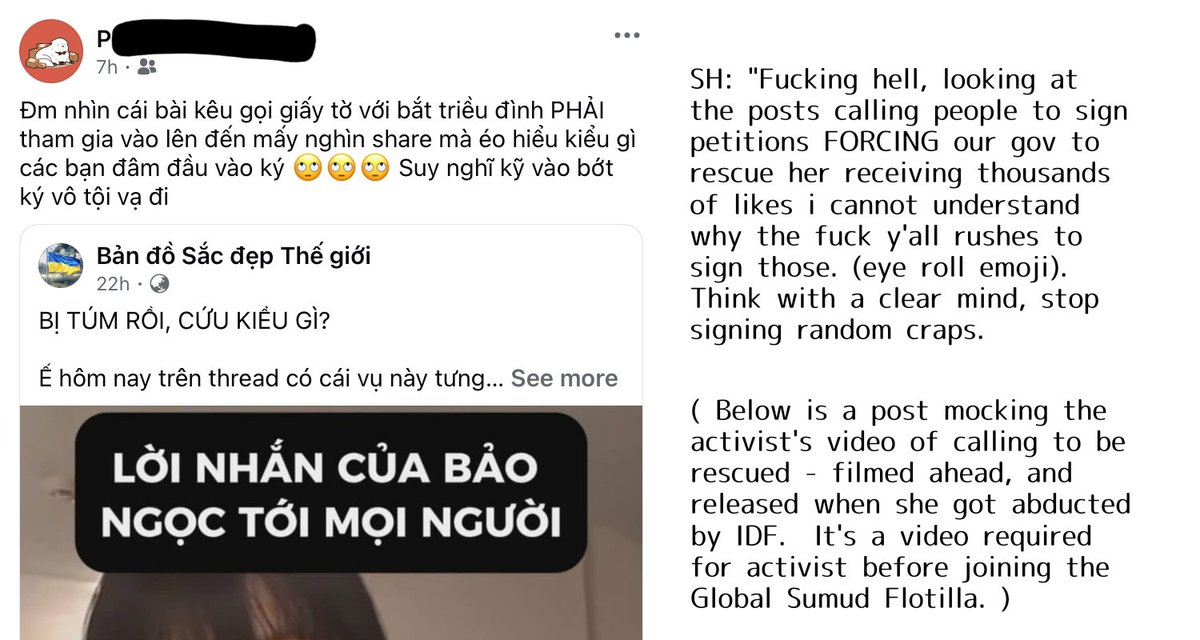 cano4167's tweet photo. As Soiheoding (SH) decides to cherry picking words to victim playing as always, I asked for permission from a friend to release the screenshots proofs for what I've said regarding her stance on the Viet Palestine activist who joined the Global Sumud Flotilla back in May.

(cont.) https://t.co/3AEyhCSCtF