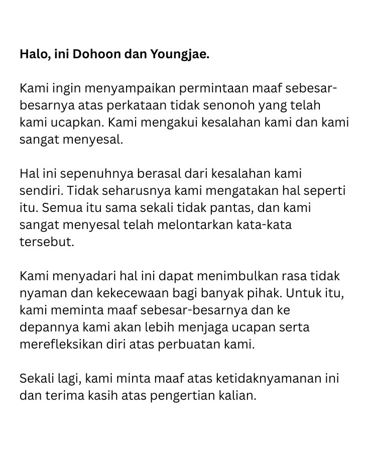 TopicsDohoon's tweet photo. Pernyataan surat minta maaf dari @TopicsDohoon dan @TopicsYoungjae. kami minta maaf sebesar-besarnya bagi segala pihak yang merasa tidak nyaman. 

Terima kasih telah membaca permintaan maaf kami, semoga kami dimasukkan GDM lagi @Posethaly https://t.co/FwNkd4RaKc