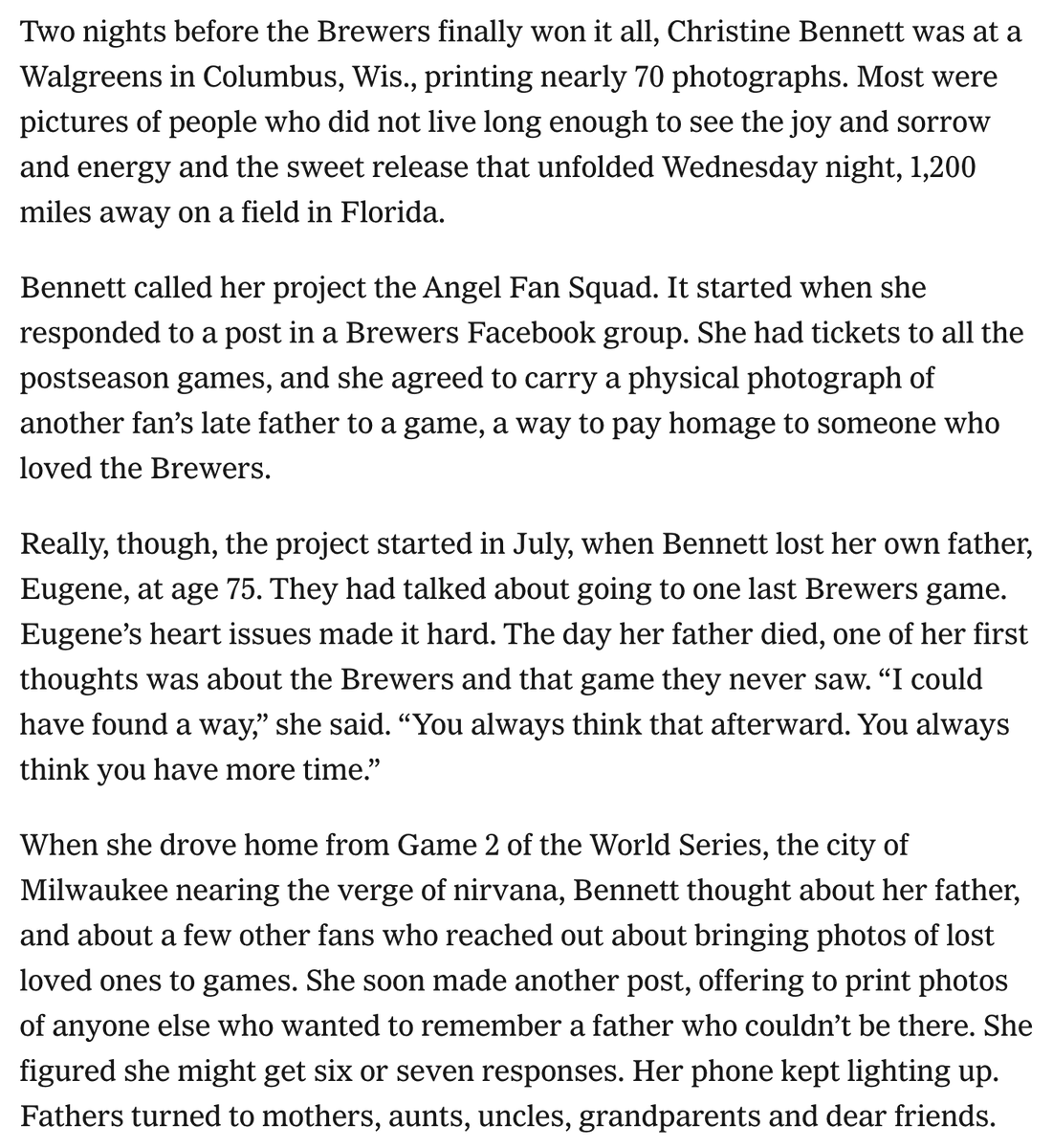 ScottKornberg's tweet photo. What a beautiful article. Congrats to the Brewers fans - what a read here https://t.co/Fau3bwlsxm