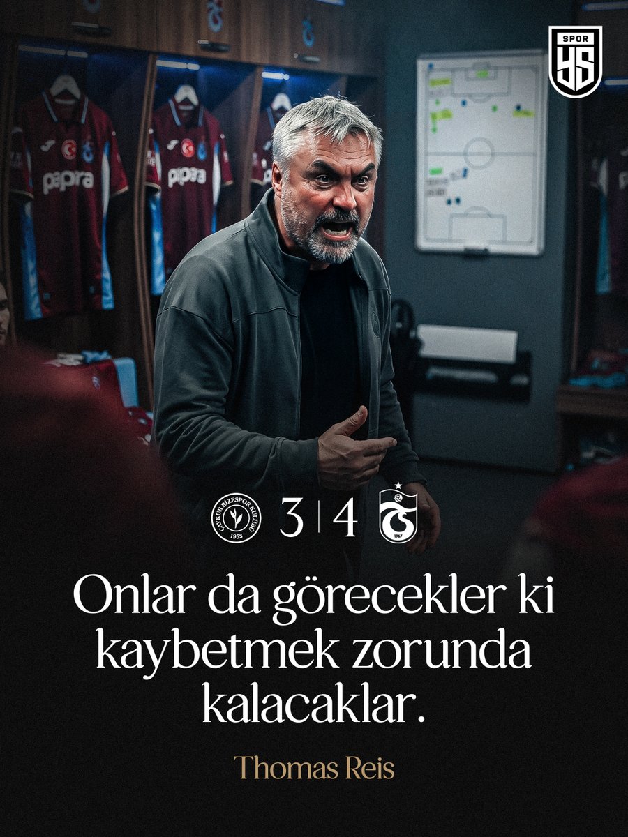 yenisafakspor's tweet photo. Trabzonspor Teknik Direktörü Thomas Reis'in Rize'de 2-0 yenik durumda girdikleri soyunma odasında söyledikleri taraftarlar arasında büyük beğeni topladı. 

◼️"Kaybetmekle ilgili sorunum var!"
◼️"Bu bizim için yeni bir durum. 2-0 gerideyiz. Şimdi onların kaybedecek çok şeyi var. Bizim kaybedecek bir şeyimiz yok!"
◼️"Sahaya çıkıp 4-0 kaybedebiliriz ama daha iyi bir tavır göstermeliyiz!"
◼️"Takım olup olmadığımızı gösterebiliriz. Her şey iyiyken kolay. Bugün beraber olma günü." 
◼️"Kaldırın kafanızı, gerçek yüzünüzü gösterin beyler"

🗣️"Onlar da görecekler ki kaybetmek zorunda kalacaklar!"