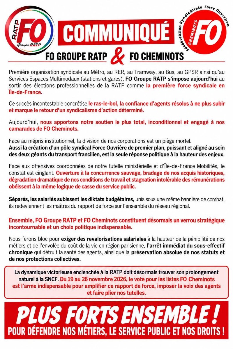 FO_RATPtraction's tweet photo. ⚫️🔴Forts de notre dynamique à la #RATP, nous apportons notre soutien à nos camarades de @focheminots aux élections pro à la #SNCF.

🤝Unis et déterminés, nous portons le même combat : défendre nos métiers, nos salaires, nos statuts et le service public.

💪 Plus forts ensemble ! https://t.co/Qgi8VVC9WT