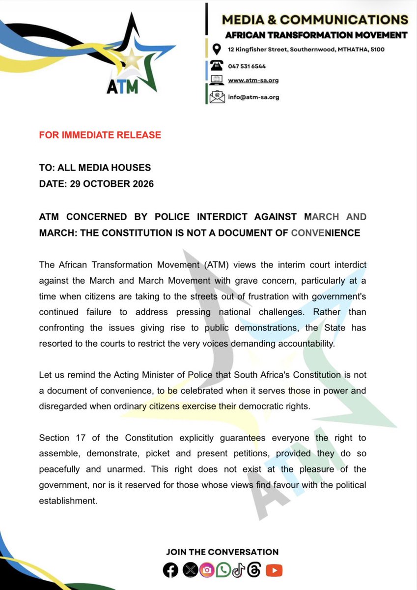 ATMovement_SA's tweet photo. [MUST READ]

The Constitution is NOT a document of convenience!

Instead of running to the courts to silence frustrated citizens, government must address the issues forcing people onto the streets.

An interdict will not create jobs, secure our borders or fix failing institutions.