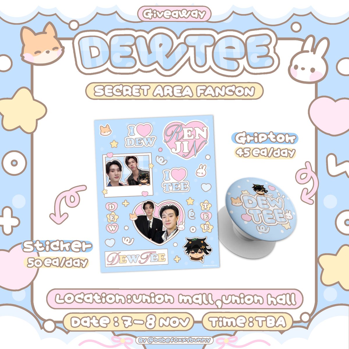 babefoxxybunny's tweet photo. 𐙚  giveaway for #DewTeeFancon 🦊🐰 ♡

🧸ྀི  die-cut sticker — 50 pcs/day
🩵 ྀིgriptok — 45 pcs/day

𓂃 ࣪˖ ִֶָ📍 union mall , union hall 

୨୧ 🖇️ rt &amp; show this tweet  ˚₊‧꒰ა 🤍 ໒꒱ ‧₊˚

🦊ྀི 🐰ྀི 🤍 ⋆｡˚ ☁️🎀
#dewtee #dew_jsu #tee_vtp https://t.co/ej5tldpyHJ