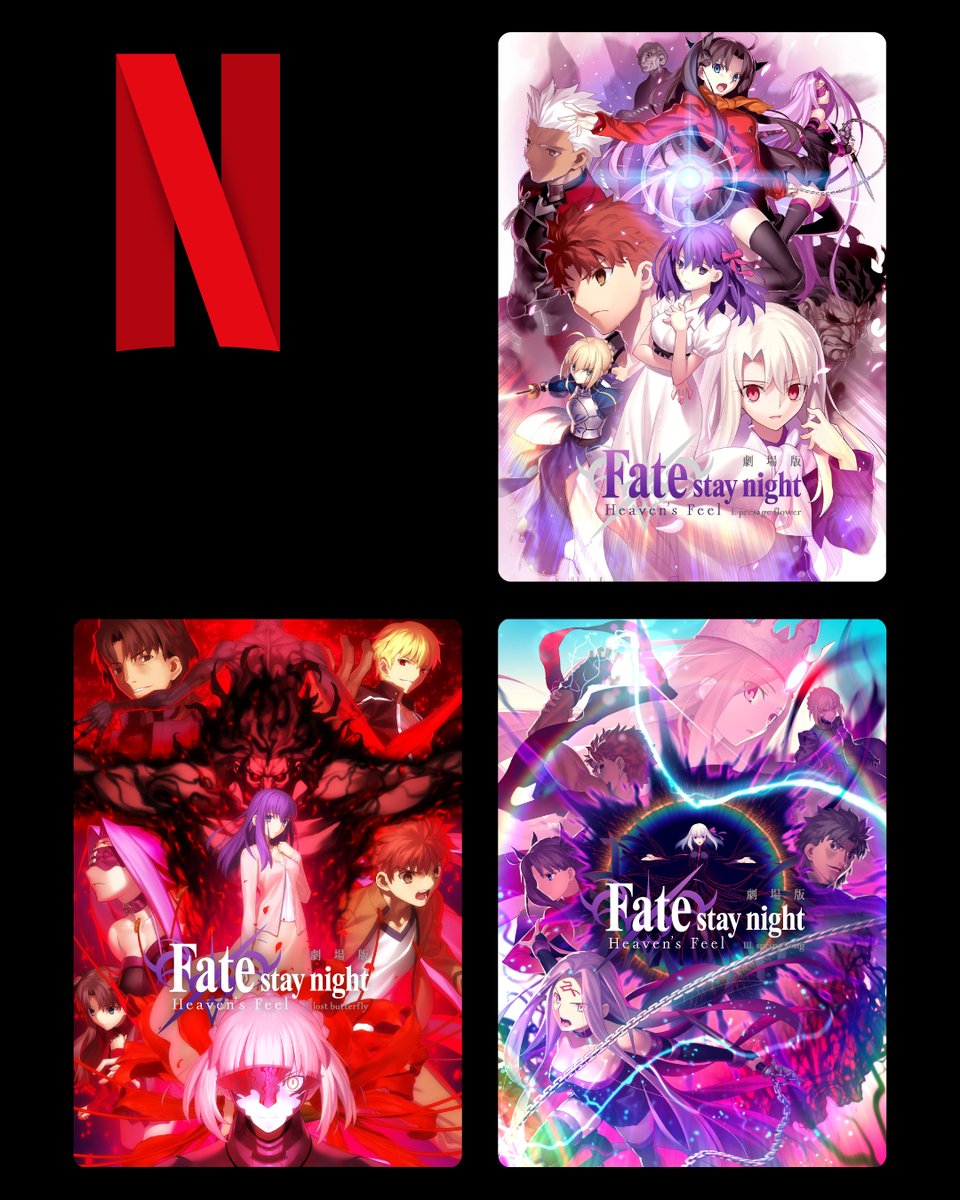 NetflixJP's tweet photo. 劇場版『Fate/stay night [Heaven's Feel]』シリーズ
Netflix配信スタート！

◆劇場版「Fate/stay night [Heaven's Feel]」Ⅰ.presage flower
◆劇場版「Fate/stay night [Heaven's Feel]」Ⅱ.lost butterfly
◆劇場版「Fate/stay night [Heaven's Feel]」Ⅲ.spring song

劇場版三部作で紡ぐ
『Fate』シリーズの原点
少年と少女の"願い"を巡る物語

#fate_sn_anime