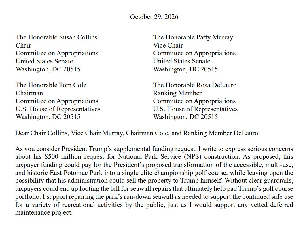 MacFarlaneNews's tweet photo. NEW:  Rep. Jared Huffman (D-CA) is urging fellow House members to establish strict funding guardrails for the Trump Admin.’s $500 million request for National Park Service construction, warning Trump could abuse a loophole in federal law to transfer the East Potomac Park golf course to himself after taxpayers foot the bill for renovations