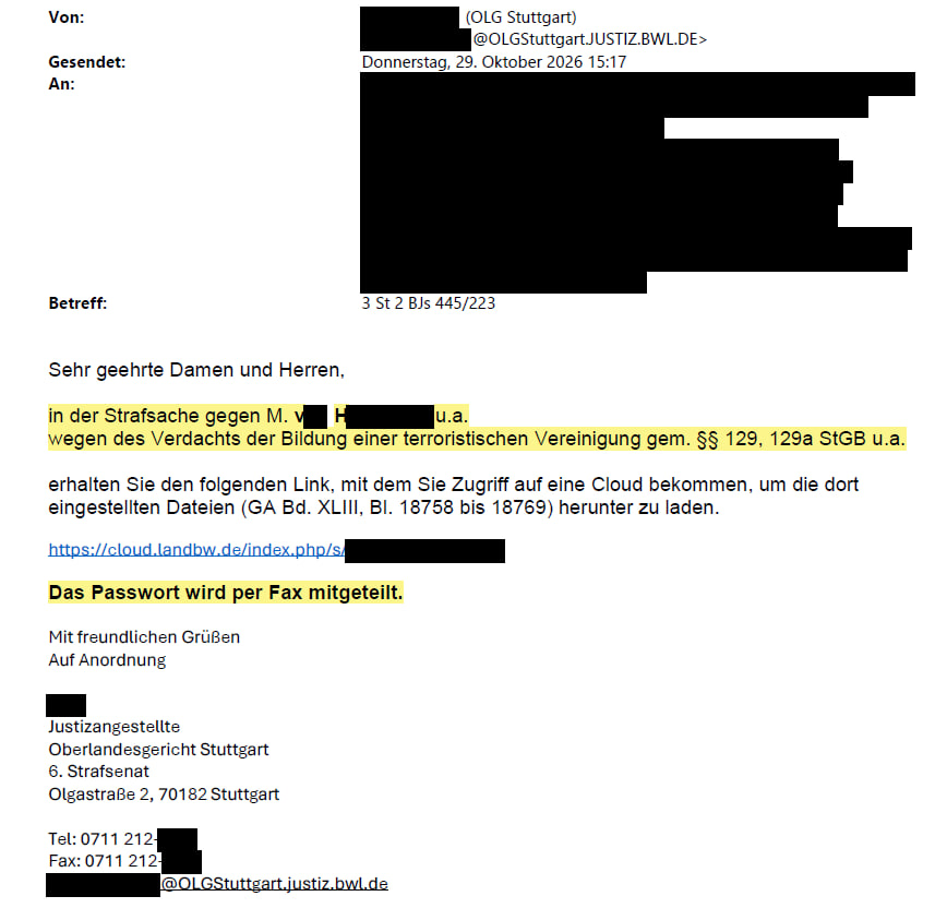 Haintz_MediaLaw's tweet photo. Nach HAINTZmedia-Bericht über Datenschutz-Skandal: OLG Stuttgart schickt jetzt Faxe statt Mails

Dreieinhalb Jahre lang verschickte das Oberlandesgericht Stuttgart im sogenannten Reichsbürger-Putsch-Prozess, immerhin einem der größten "Terrorprozesse" der Geschichte der Bundesrepublik, unverschlüsselte E-Mails (= digitale Postkarten) an sämtliche am Prozess beteiligten etwa 20 Anwälte.

Ein Beitrag von Rechtsanwalt Markus Haintz auf HAINTZmedia.

PS: Sofern ihr der Ansicht seid, dass unsere mediale Stimme nicht aufgrund von Finanzierungsproblemen verschwinden sollte, findet ihr im 2. Kommentar unserer Kontoverbindung.