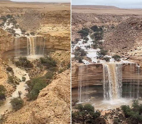 شلالات الحلق ترسم لوحات فنية ومناظر جمالية بـ الغاط. تدفّق شلالات «الحلق» من وادي عضيدان. مناظر طبيعية جذبت المتنزهين ومحبي البر للاستمتاع بالأجواء 