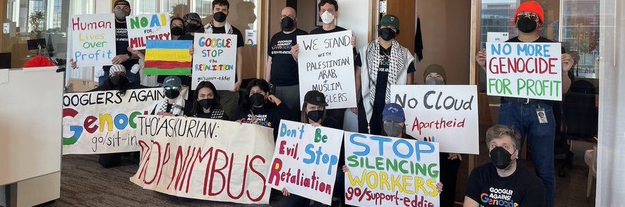 No Tech For Apartheid's banner