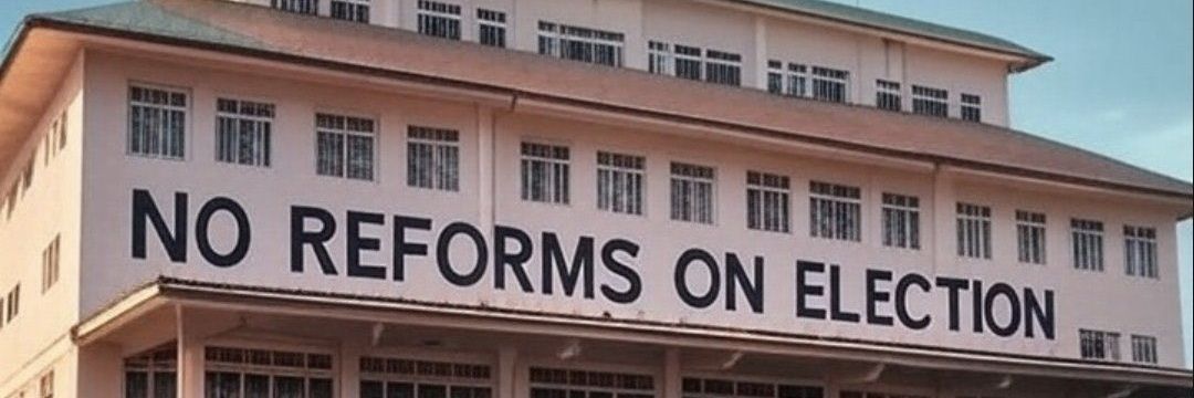 NO REFORMS NO ELECTION's banner