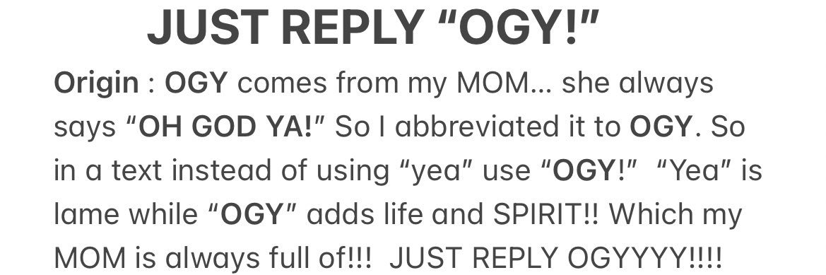 JUST REPLY “OGY!” banner