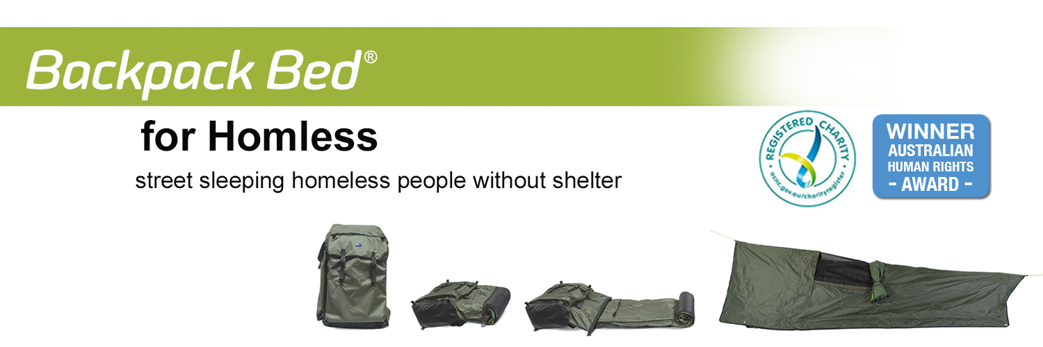 Backpack Bed for Homeless, Australia banner