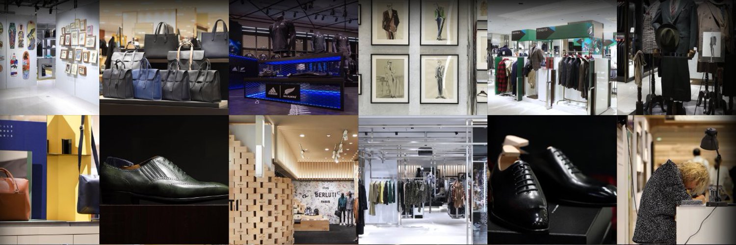 複数のシーンを組み合わせたファッションとライフスタイルの展示空間の画像。左上にはアート作品やバッグコレクション、中央にはスポーツブランドのディスプレイやスーツのデザイン画、右側には高級感漂う紳士服やアクセサリーが並ぶ。下段にはレザーシューズ、バッグ、ブランドのポップアップストア、スタイリッシュなアパレルが配置され、職人の手仕事のシーンも映し出されている。洗練された都会的な雰囲気が漂っている。