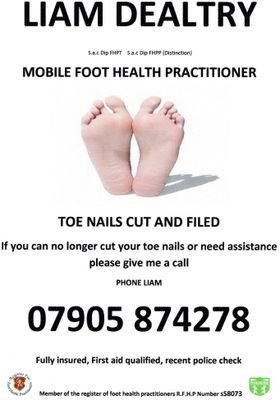 Foot health practitioner covering Bridlington & local Villages.If you can no longer cut your own toe nails give me a call 07905 874278 .All views etc my own