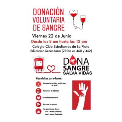 Viernes 22/06/18 campaña de donación voluntaria de sangre, en el Colegio Club Estudiantes de La Plata (28bis e/ 460 y 462)