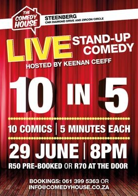 A Stand Up Comedy show in the area of Steenberg
For more info and dates of shows check out info@comedyhouse.co.za