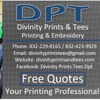 DPT provides screen printed and embroidery services 832-229-8165. divinityprintstees@gmail.com