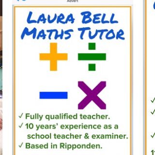 Qualified Maths Teacher based in Ripponden, West Yorkshire. 1 hour lessons. 11+ numeracy preparation, GCSE Maths, GCSE Statistics , AS & A level Mathematics