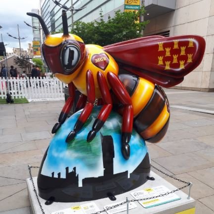 Sponsored by Rayburn Trading and designed by @pekrart. I'm part of #beeinthecitymcr. Find me on New Cathedral St! Use #SuperBeeMcr to feature