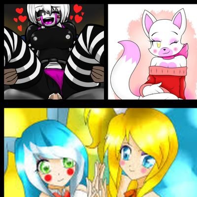my daughter is @FniaSansy~~~ bon bon, Chica, mangle,and marionette's master is @Dragon_program~ my wife  is @femalebonnie3~