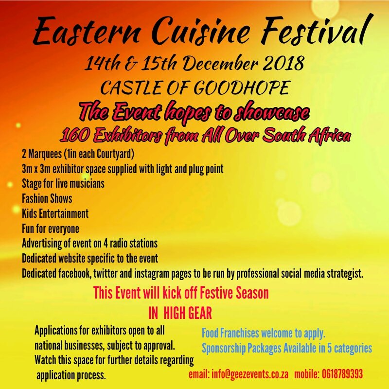 Eastern Cuisine Festival will host 160 exhibitors with food, clothes, toys, accessories and more. It will have live musicians, fashion shows and kids entertnmt