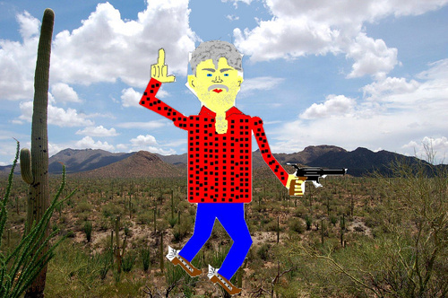 I'm the last American hero famous cartoon writer I wear spurs, boots, flannel and hold a six shooter.
