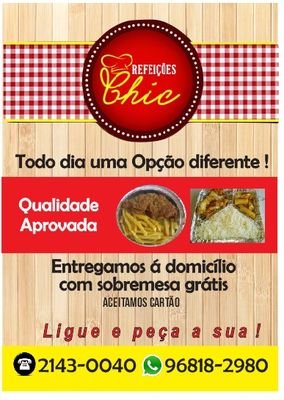 ChicRefeicao's profile picture. SOMOS UMA EMPRESA QUE FORNECEMOS  REFEIÇÃO, PARA EMPRESAS,CASAS, COM UM PREÇO ESPECIAL COM ENTREGA GRÁTIS , VENHA CONFERIR