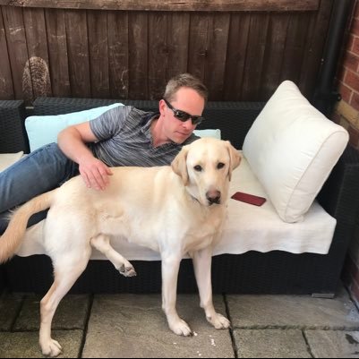 Hi Im Huxley guide dog to @andyjlane I have a little annoying brother called Enzo, I love water and my blankey oh & I have huge 🐾's! RIP sis Holly.