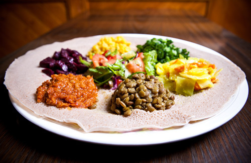 Ethiopian Restaurant in downtown Hamilton, Ontario.  Offering 7 Vegetarian dishes as well as several meat options.