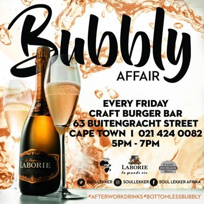 We serve @laboriewines Bottomless Bubbly 🍾🥂 every Friday between 5-7pm for only R210 pp. Current Venue: @CraftBurgerBar1, Cape Town. Bookings: 0214240082