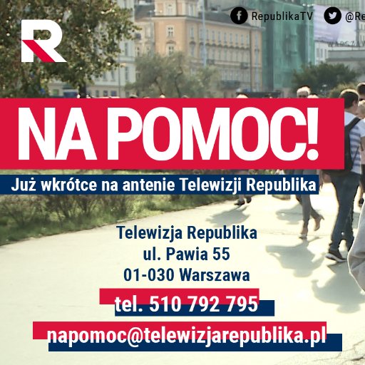 Program interwencyjny na antenie @Republikatv Szukasz pomocy? Napisz lub zadzwoń! 510 792 795 
napomoc@telewizjarepublika.pl 
Zapraszam 
Ilona Januszewska