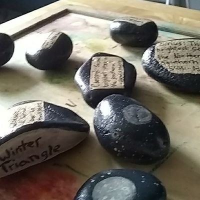 Painted science themed rocks.