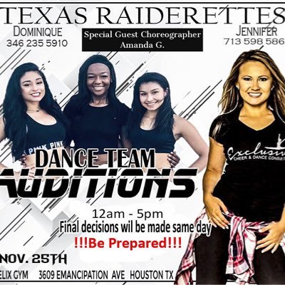 New dance team for professional development football team Texas Raiders. Audition is on November 25th!