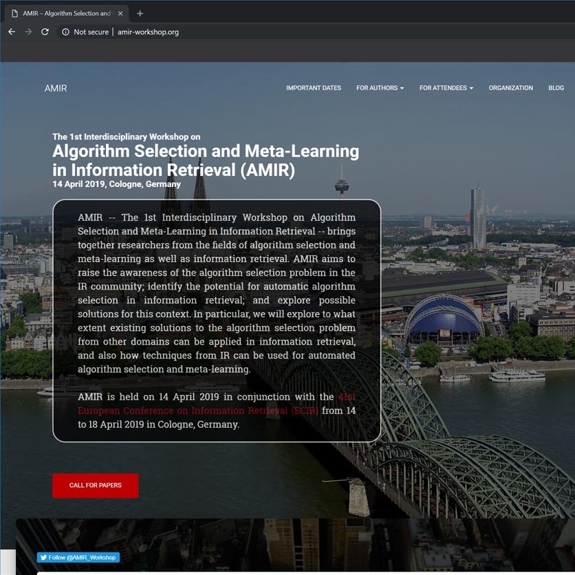 AMIR_Workshop's profile picture. AMIR -- The 1st Interdisciplinary Workshop on Algorithm Selection and Meta-Learning in Information Retrieval -- brings together researchers from ...