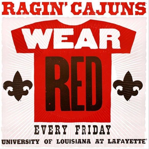 UL Lafayette TM & Licensing account for all officially licensed Ragin' Cajuns® gear. Wear Red every Friday and tag your photos with #WearRed