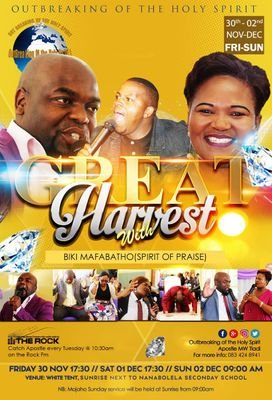Officially Twitter For Outbreaking Of The Holy Spirit
Under The leadership Of Apostle M.W Tladi And Pastor P.G Tladi
May The Lord Jesus Christ Bless & Keep You