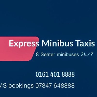 Your number 1 Minibus taxi company (8 Seater) serving the people of Greater Manchester 24/7 call 0161 401 8888 - sms or WhatsApp booking 07847648888
