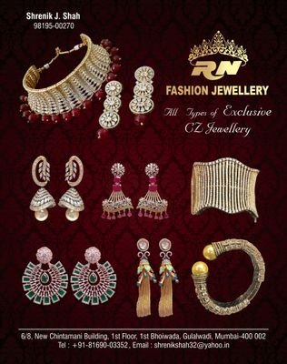 IMITATION JEWELLERY
Cz Jewellery
Wholesaler & Retailers
Call: 9819500270
Add: 6/8, New Chintamani Bhuilding, 1st Floor, 1st Bhoiwada, Gulalwadi Mum-02