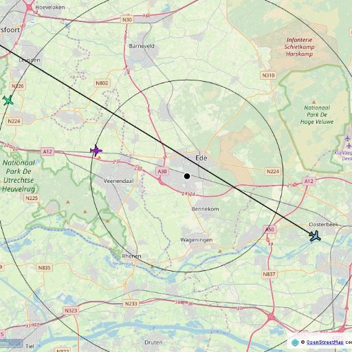 I'm a RaspBerry Pi ADS-B receiver located in Ede, Netherlands. I tweet when airplanes fly overhead within a 1.0 NM radius or below 3Kft within a 5 NM radius.