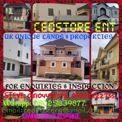 AM STEVE, CEO OF CED STORE ENT, INTO REAL ESTATE, SALE OF GENUINE LANDS & HOMES, WITH DOCUMENTS ALL INTACT.
CONTACT US: 
WATAPP: 08025839877.
CALL: 08104498598.