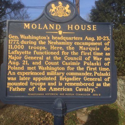 In August of 1777, General Washington camped here along the banks of the Neshaminy Creek with 11,000 troops. The Moland House became Washington’s headquarters.